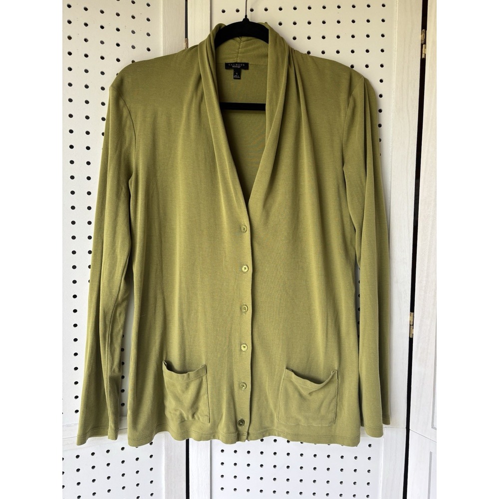 Talbots Cowl V Neck Green Button‎ Pima Cotton Cardigan Women's S Lightweight